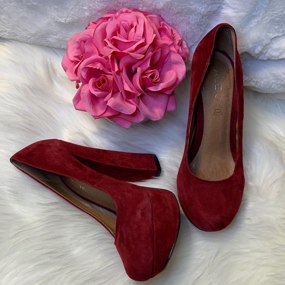 Aldo Burgundy Suede Platform Chunky Heels Pump - Picture 9 of 16